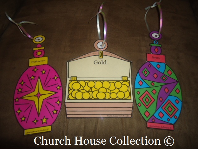 Free Christmas Sunday School Crafts For Kids by Church House Collection - Gold Frankincense and Myrrh Cutout Crafts For Ornaments
